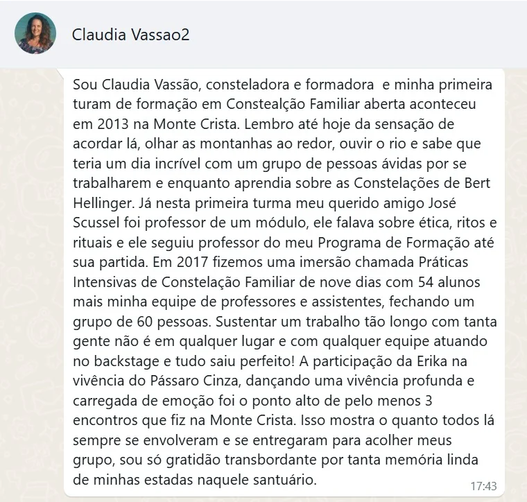 Depoimento de Claudia Vassão sobre Monte Crista